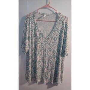 Tencede Blue/White Geometric Short Sleeve Vneck Blouse Sz 5XL